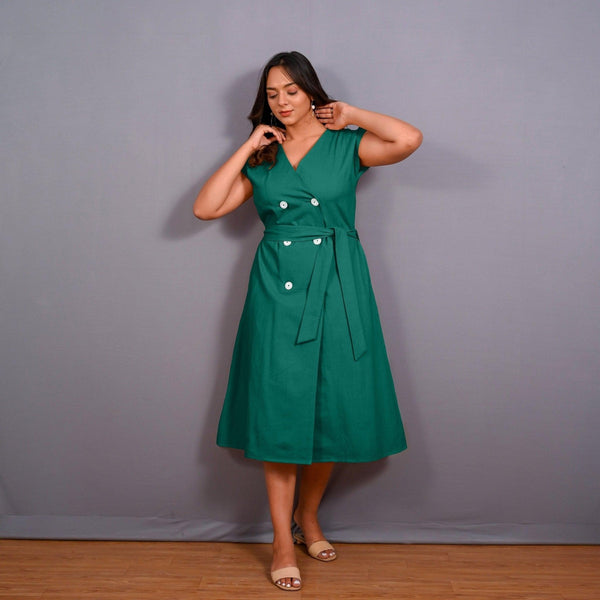 Green Warm Cotton Flannel Button-Down A-Line Midi Dress