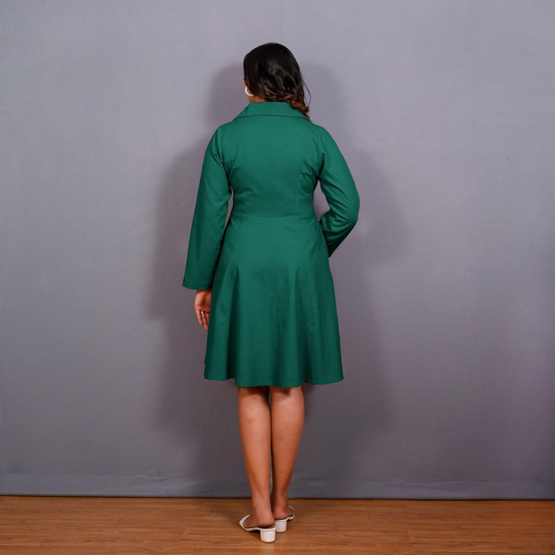 Green Warm Cotton Flannel Fit and Flare Knee Length Blazer Dress