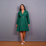 Green Warm Cotton Flannel Fit and Flare Knee Length Blazer Dress