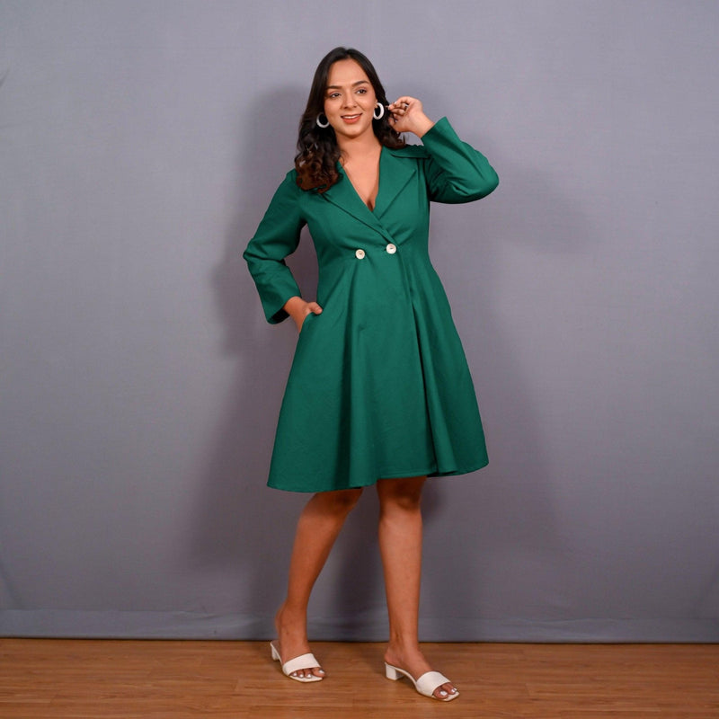 Green Warm Cotton Flannel Fit and Flare Knee Length Blazer Dress