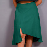 Green Warm Cotton Flannel High-Rise Front Slit Asymmetric Skirt