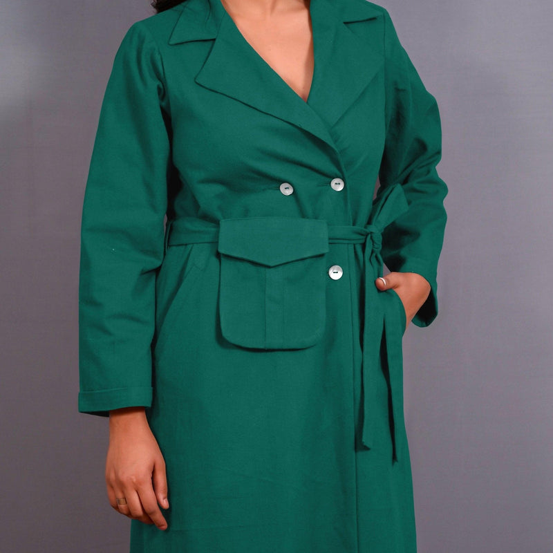 Green Warm Cotton Flannel Midi Blazer Dress