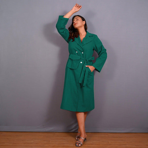 Green Warm Cotton Flannel Midi Blazer Dress