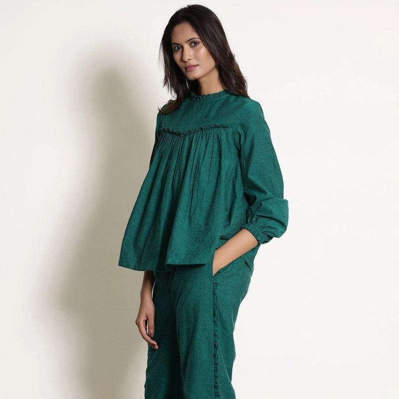 Left View of a Model wearing Green Warm Cotton Frilled Gathered Yoke Top