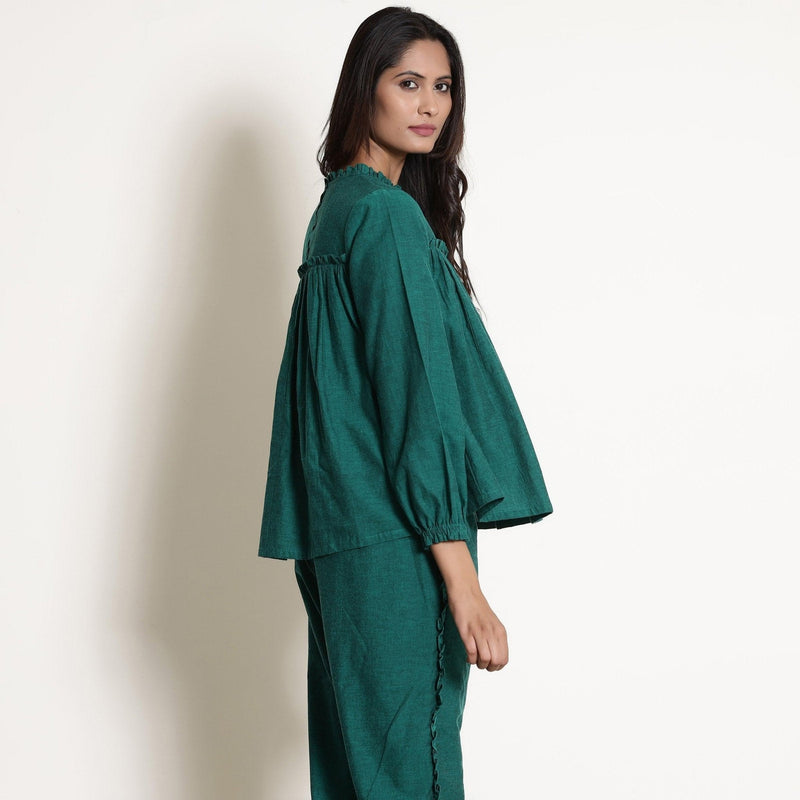 Right View of a Model wearing Warm Green Frilled Gathered Yoked Top