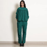 Front View of a Model wearing Green Warm Cotton Frilled Gathered Yoke Top