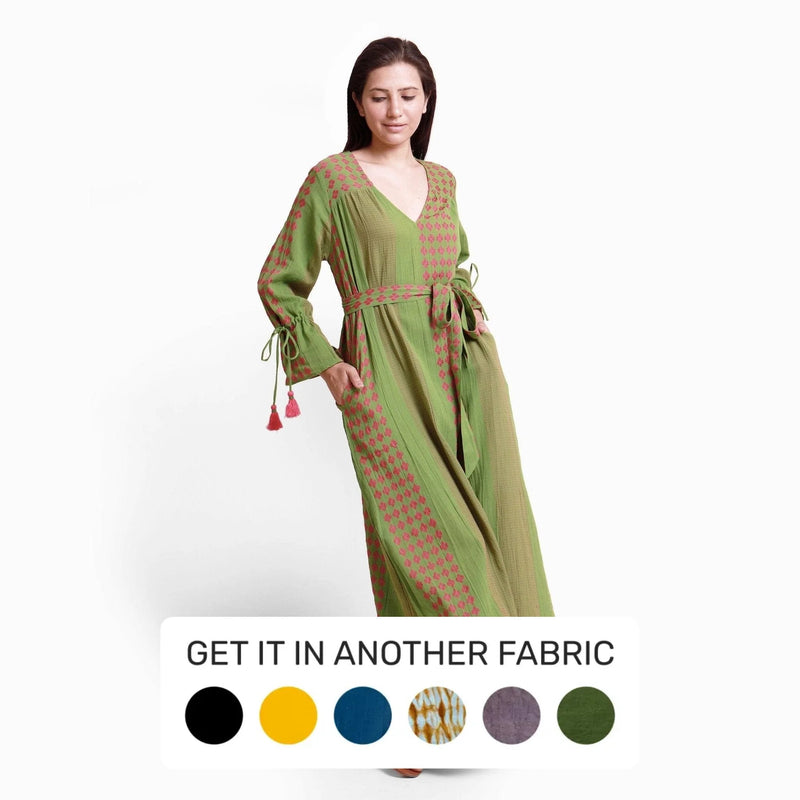 Green Yarn Dyed Cotton Ankle Length Bohemian Dress Green Yarn Dyed Cotton Ankle Length Bohemian Dress