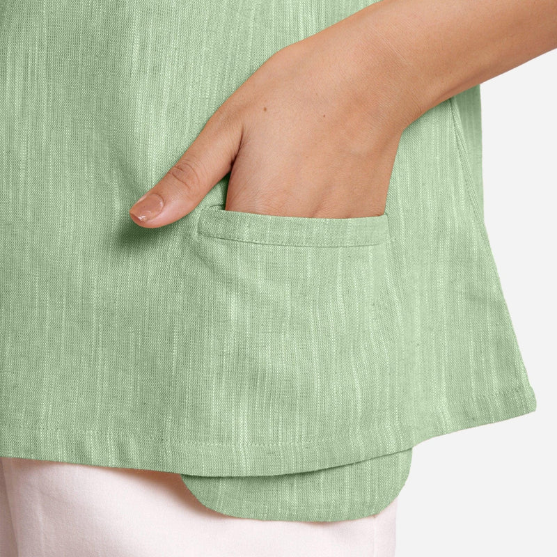 Close View of a Model wearing Green 100% Cotton Boat Neck A-Line Top