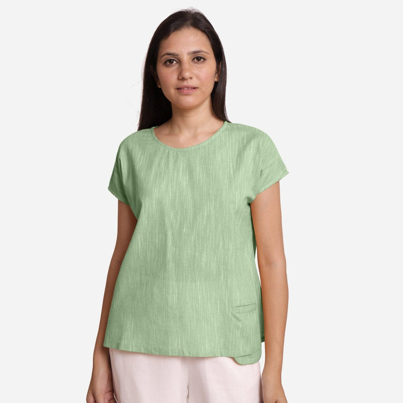 Front View of a Model wearing Green 100% Cotton Boat Neck A-Line Top