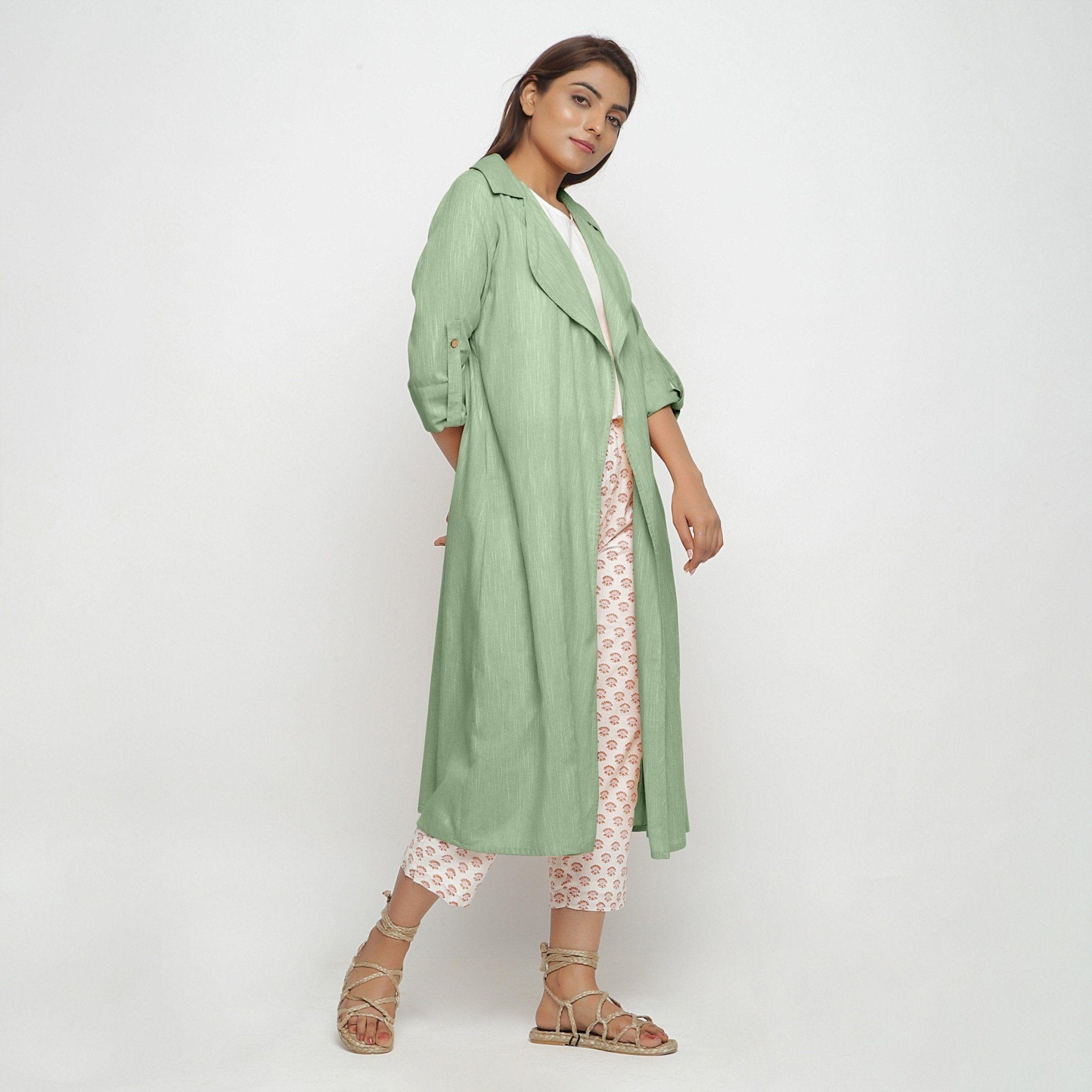 Buy Green Yarn Dyed Cotton Lapel Collar Overlay Online at SeamsFriendly