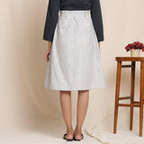 Back View of a Model wearing Grey 100% Cotton Striped High-Rise Paperbag Skirt