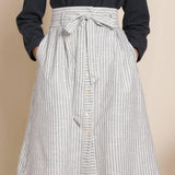 Front Detail of a Model wearing Grey 100% Cotton Striped High-Rise Paperbag Skirt