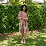 Grey and Salmon Pink Checks Crinkled Cotton Button-Down Boho Dress