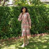 Grey and Salmon Pink Checks Crinkled Cotton Button-Down Boho Dress