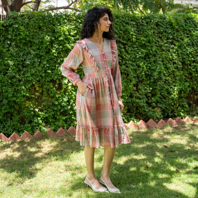 Grey and Salmon Pink Checks Crinkled Cotton Button-Down Boho Dress