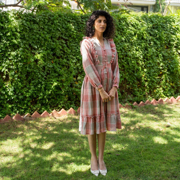 Grey and Salmon Pink Checks Crinkled Cotton Button-Down Boho Dress