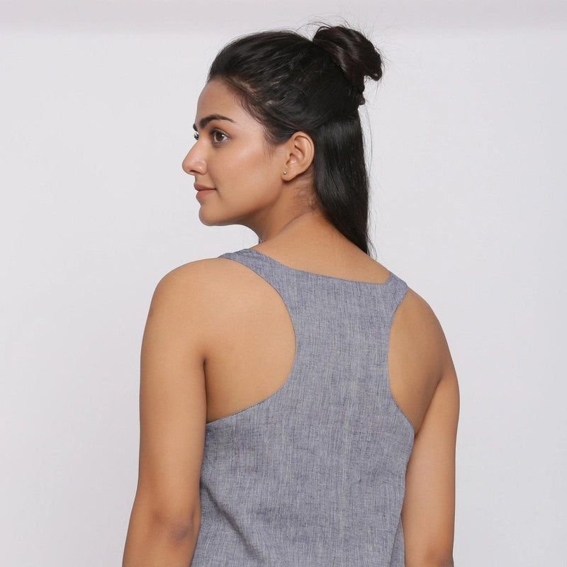 Back View of a Model wearing Grey Racer Back Shift Dress