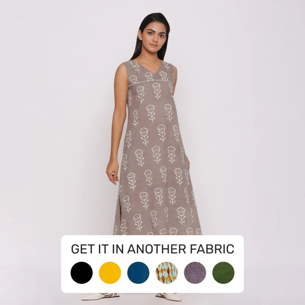 Front View of a Model wearing Grey Dabu Block Printed Cotton Shift Maxi Dress