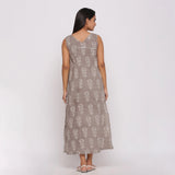 Back View of a Model wearing Grey Dabu Block Printed Cotton Shift Maxi Dress