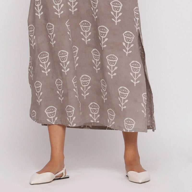 Close View of a Model wearing Grey Dabu Block Printed Cotton Shift Maxi Dress