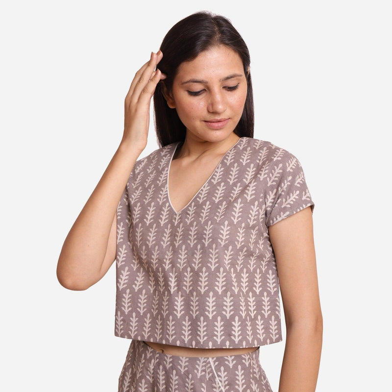 Left View of a Model wearing Grey Dabu Block Print V-Neck Crop Top