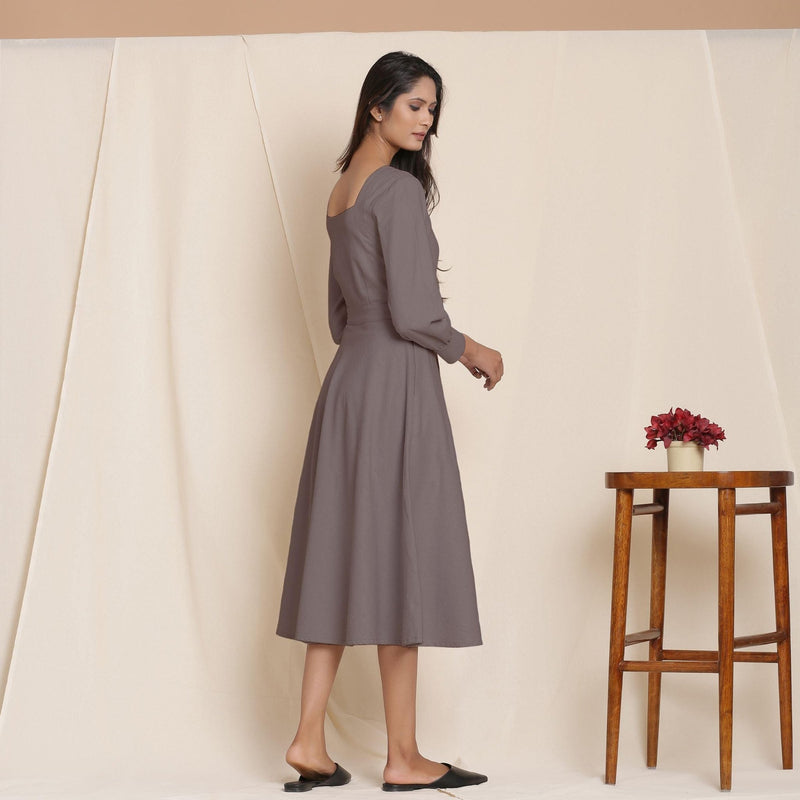 Back View of a Model wearing Grey Fit Warm Cotton Flannel Fit and Flare Midi Dress