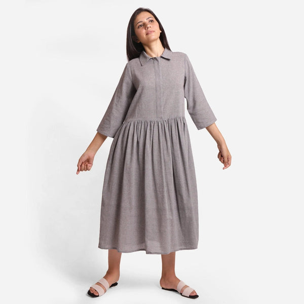 Front View of a Model wearing Grey Flat Collar Cotton Gathered Midi Dress