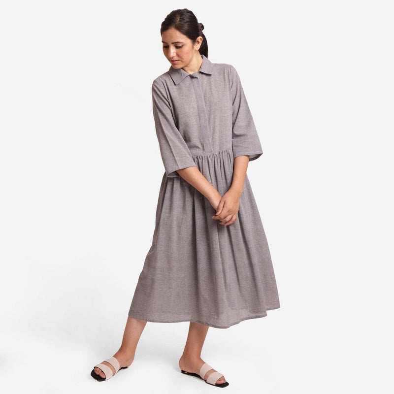 Front View of a Model wearing Grey Flat Collar Cotton Gathered Midi Dress