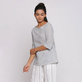 Grey Handspun Cotton Boat Neck Relaxed Sleeves Top