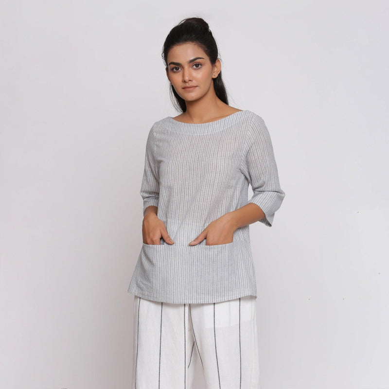 Grey Handspun Cotton Boat Neck Relaxed Sleeves Top