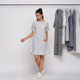 Grey Striped Boat Neck Cotton Knee Length Shift Dress