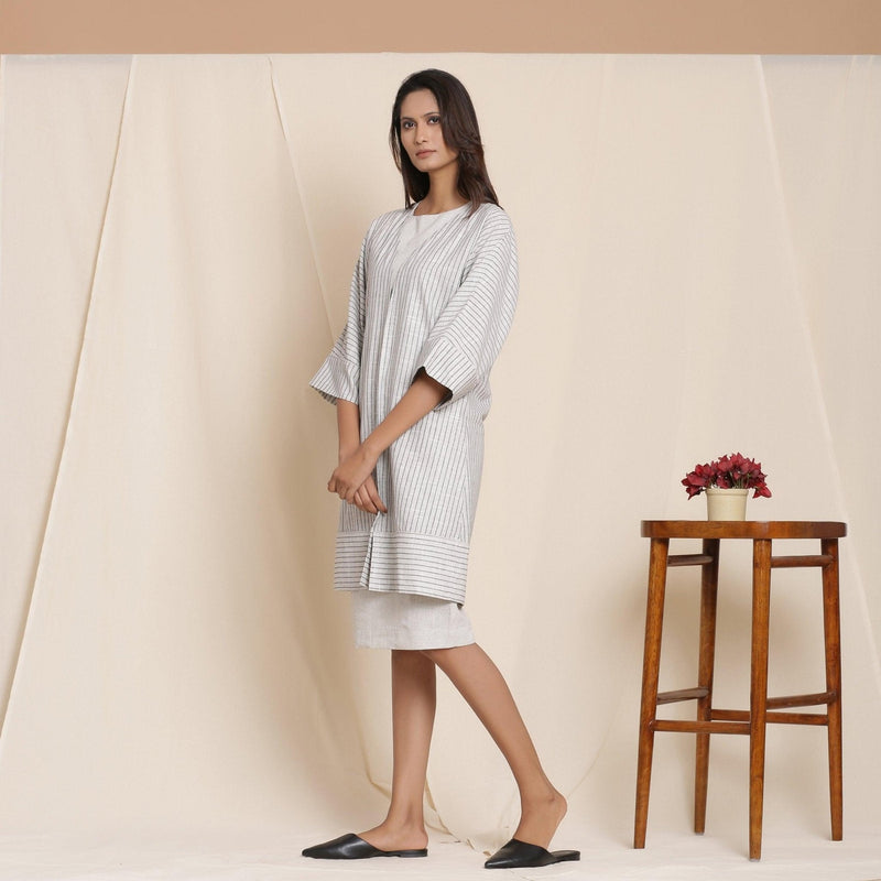 Left View of a Model wearing Grey Striped Cotton Front Open Paneled Overlay