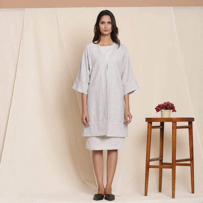 Front View of a Model wearing Grey Striped Cotton Front Open Paneled Overlay