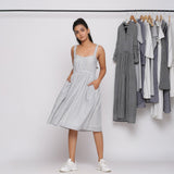 Grey Striped Cotton Sweetheart Neck Knee Length Dress