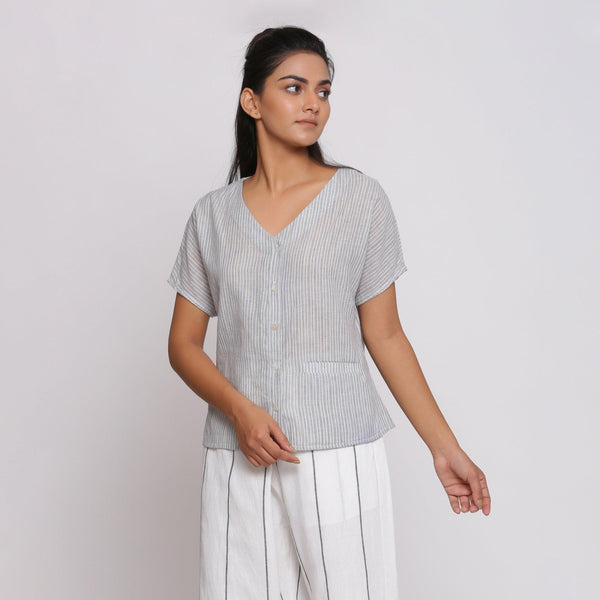 Grey Striped Handspun Cotton V-Neck Half Sleeve Shirt