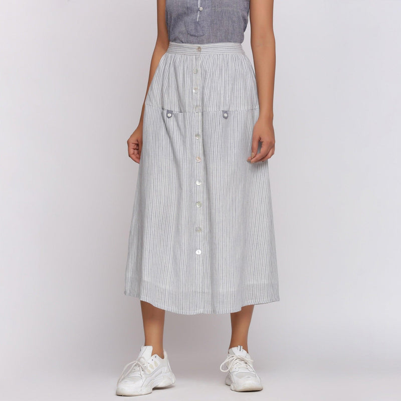 Grey Stripes Handspun Cotton Elasticated Mid-Rise Maxi Skirt