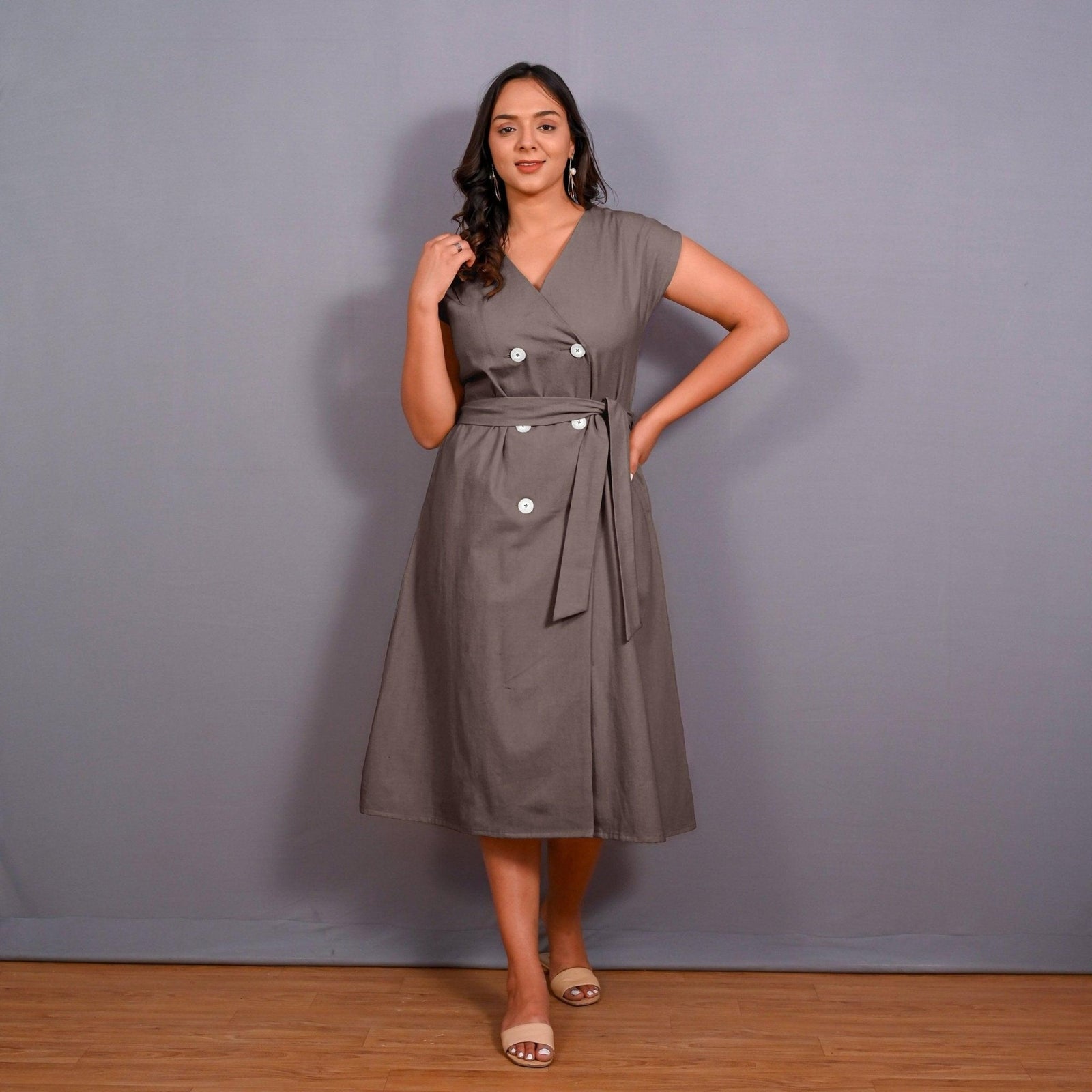 Grey Warm Cotton Flannel Button-Down A-Line Midi Dress 28