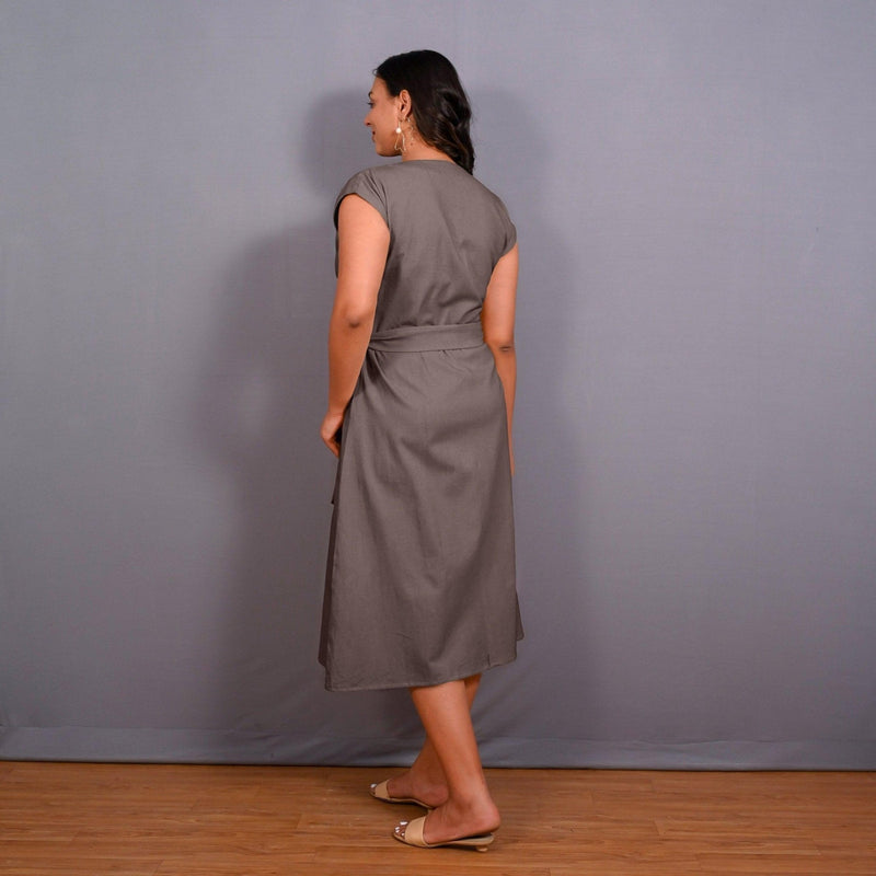 Grey Warm Cotton Flannel Button-Down A-Line Midi Dress