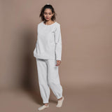 Front View of a Model wearing Grey Warm Cotton Flannel Elasticated High-Rise Jogger Pant