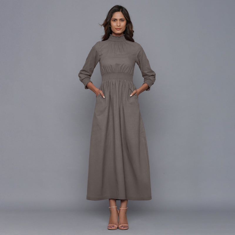 Grey Warm Cotton Flannel High Neck Maxi Dress 34" / Custom Height (Free) Grey Warm Cotton Flannel High Neck Maxi Dress 34" / Custom Height (Free)