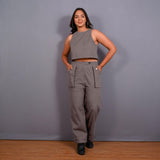 Grey Warm Cotton Flannel High-Rise  Convertible Jogger Cargo Pant