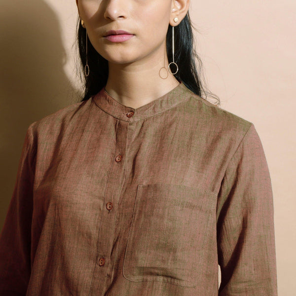 Front Detail of a Model wearing Handspun Brown Button Down Shirt