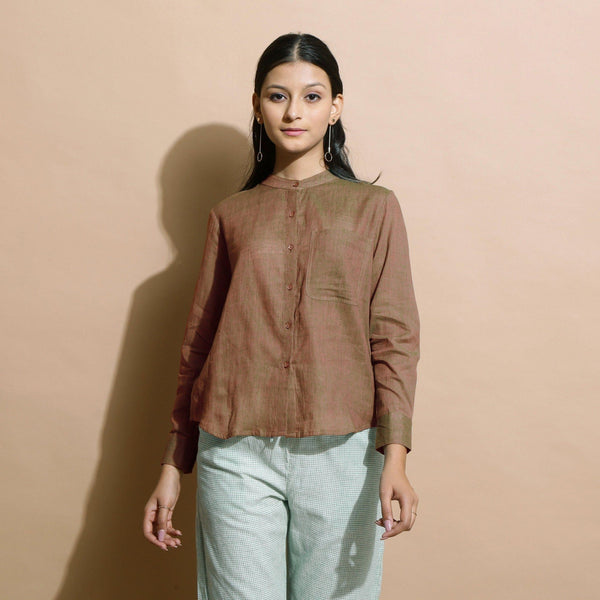 Front View of a Model wearing Handspun Brown Button Down Shirt