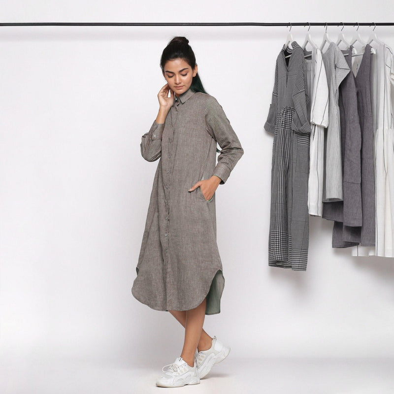 Left View of a Model wearing Handspun Cotton Grey Button Down Shirt Dress