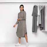 Front View of a Model wearing Handspun Cotton Grey Button Down Shirt Dress