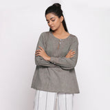 Front View of a Model wearing Handspun Cotton Grey Flared Tunic Top