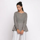 Front View of a Model wearing Handspun Cotton Grey Flared Tunic Top