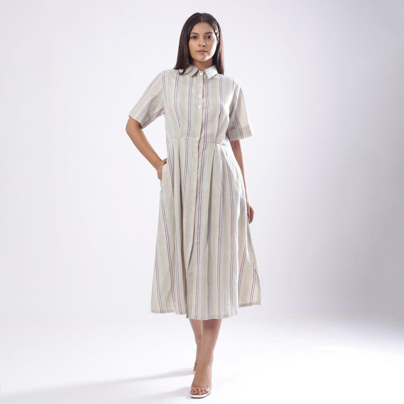 Front View of a Model wearing Handspun Cotton Muslin Button-Down Shirt Dress