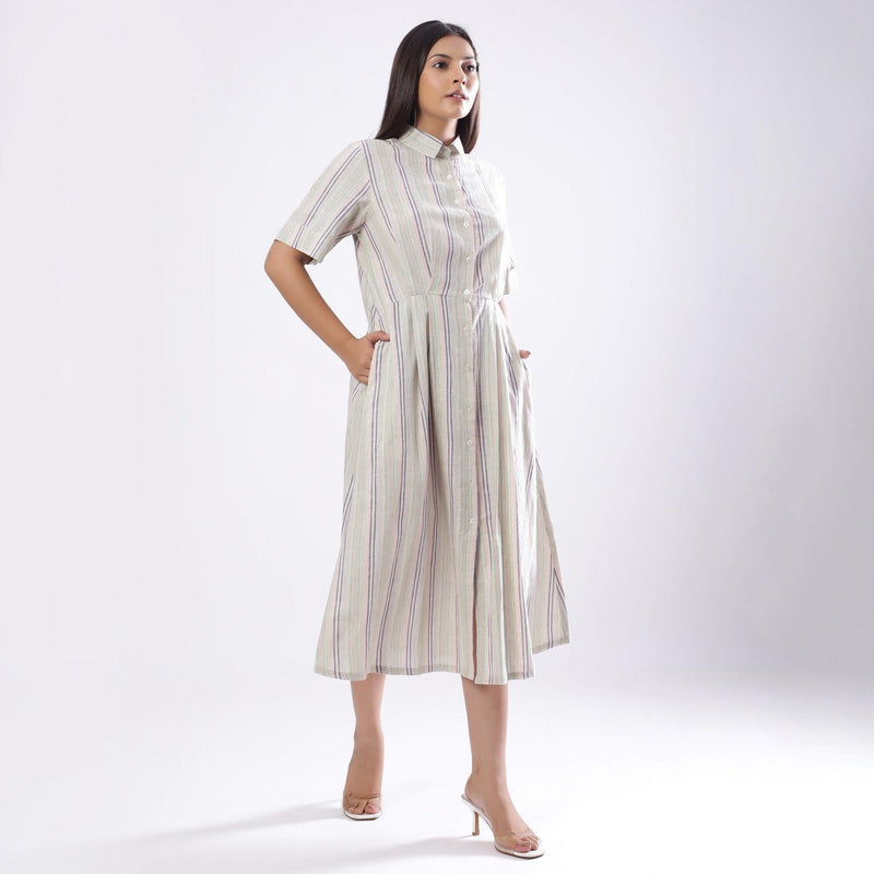 Front View of a Model wearing Handspun Cotton Muslin Button-Down Shirt Dress