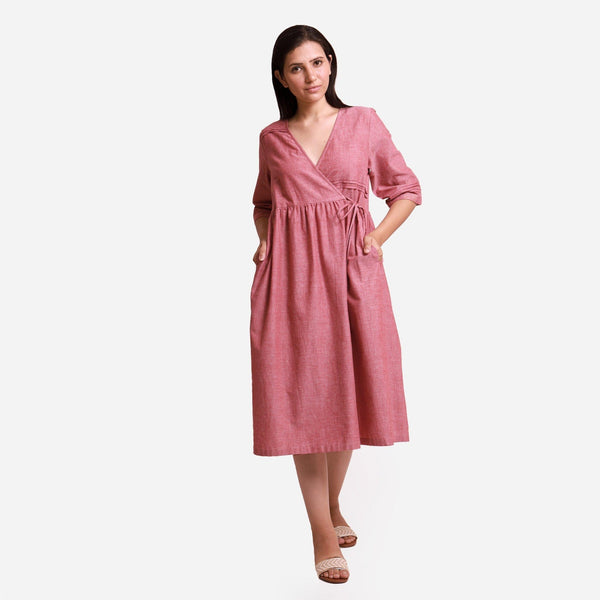 Front View of a Model wearing Handspun Solid Red Tie-Up Cotton Wrap Dress